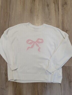 Hollister Easy Pink Bow Graphic White Crewneck Knit Sweater Coquette Sz XL Comfy